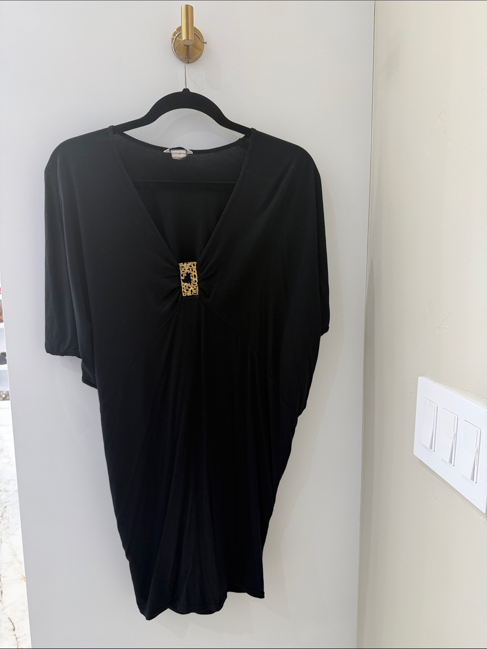 Trina Turk Black V-Neck Tunic cover up with Gold Leopard Accent
